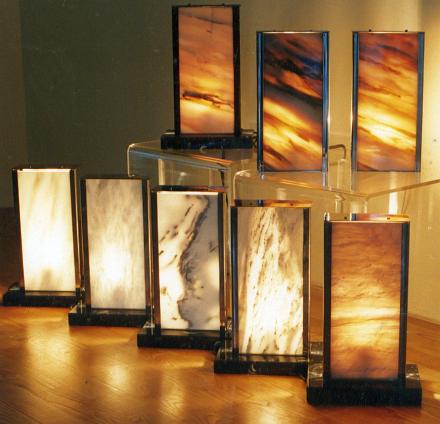 Lamps and lighting projects of various translucent marbles.